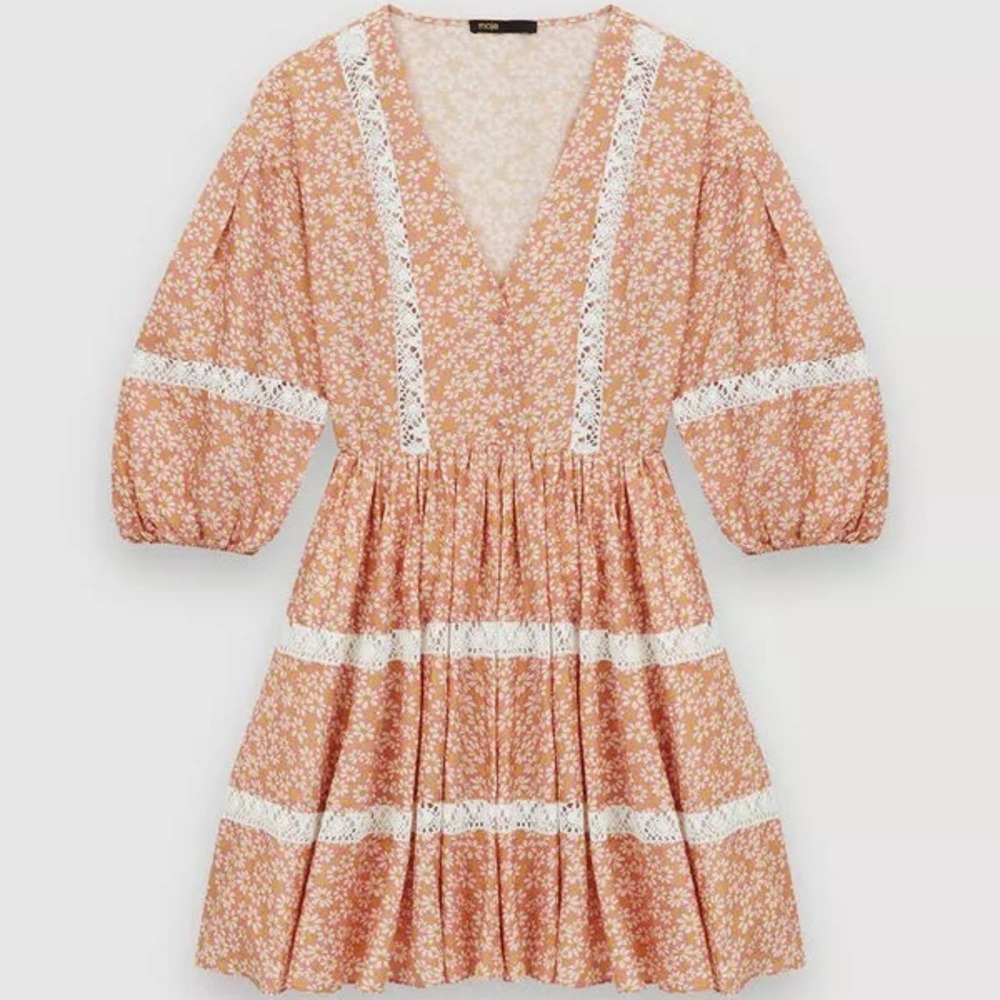 Printed dress with lace trim by Maje